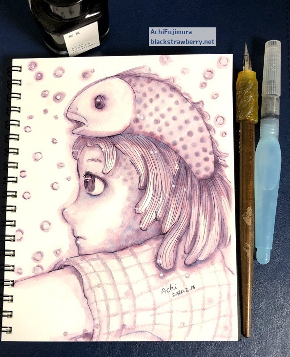 Achi 銀河丼 今日の絵 万年筆インク 京の音 シリーズの桜鼠という色のみで描いた イラスト です 使ったのはつ 銀河丼
